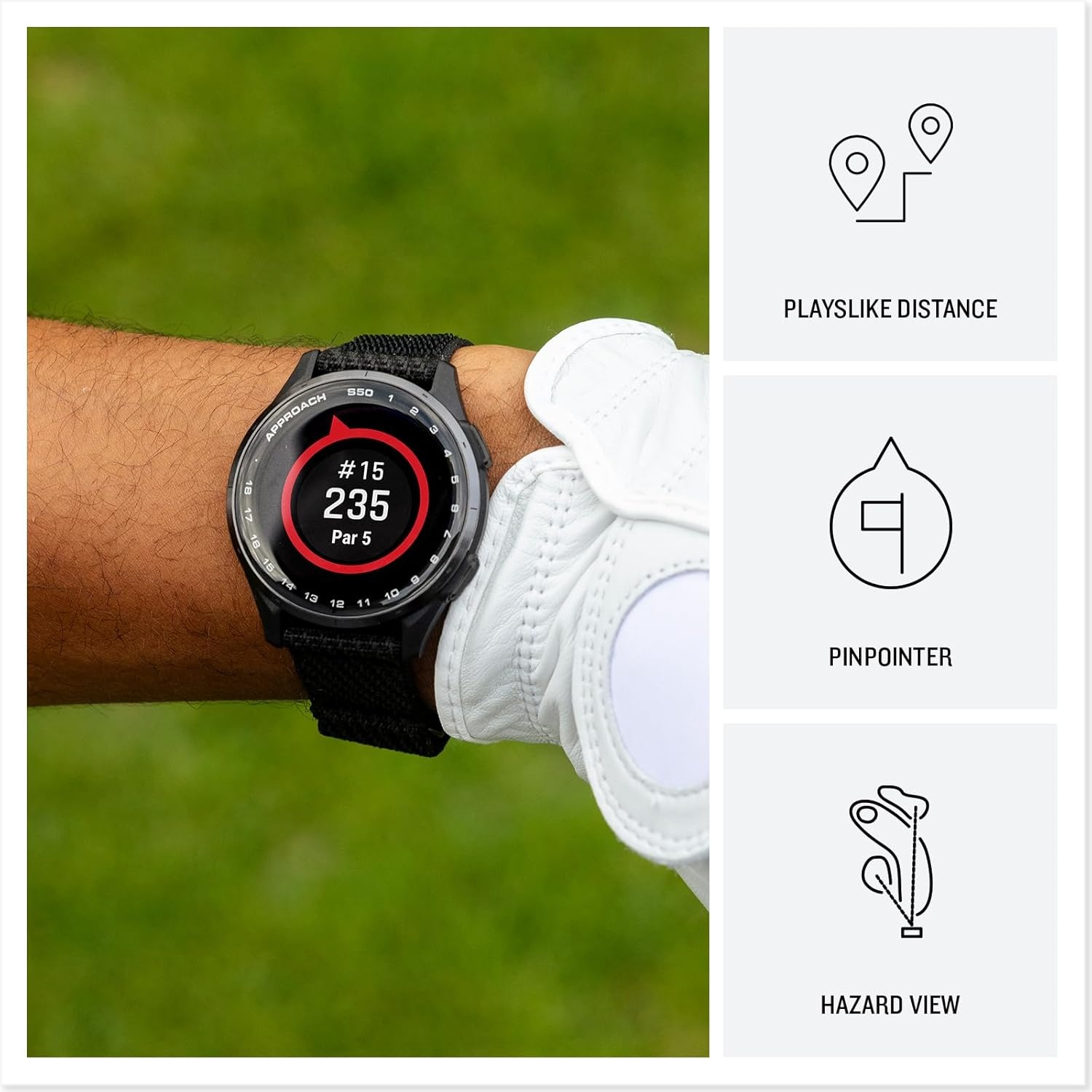 image:imageGarmin Approach S50 Advanced Golf GPS Smartwatch AMOLED Display OnCourse Features WristBased Heart Rate Cream Gold Aluminum Bezel with Ivory ComfortFit Nylon Band Ivory Comfortfit Nylon Band Wrist Heart Rate and Pulse Ox Preloaded 43 000 Plus Courses OnCourse GPS and Shot TrackingIvory