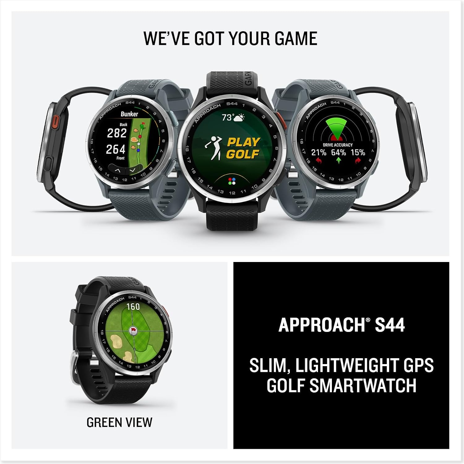 image:imageGarmin Approach S50 Advanced Golf GPS Smartwatch AMOLED Display OnCourse Features WristBased Heart Rate Cream Gold Aluminum Bezel with Ivory ComfortFit Nylon Band Ivory Comfortfit Nylon Band Wrist Heart Rate and Pulse Ox Preloaded 43 000 Plus Courses OnCourse GPS and Shot TrackingBlack