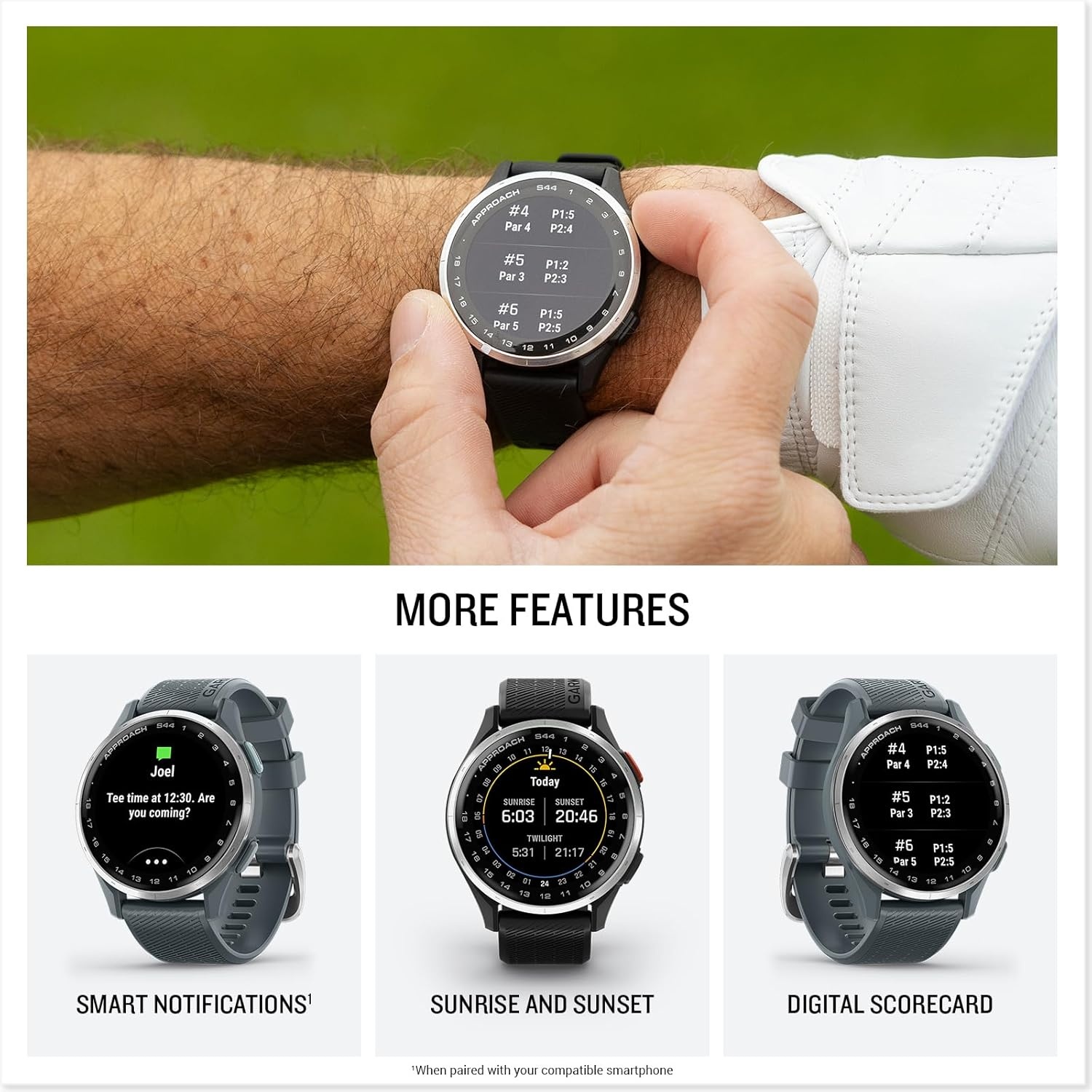 image:imageGarmin Approach S50 Advanced Golf GPS Smartwatch AMOLED Display OnCourse Features WristBased Heart Rate Cream Gold Aluminum Bezel with Ivory ComfortFit Nylon Band Ivory Comfortfit Nylon Band Wrist Heart Rate and Pulse Ox Preloaded 43 000 Plus Courses OnCourse GPS and Shot TrackingBlack