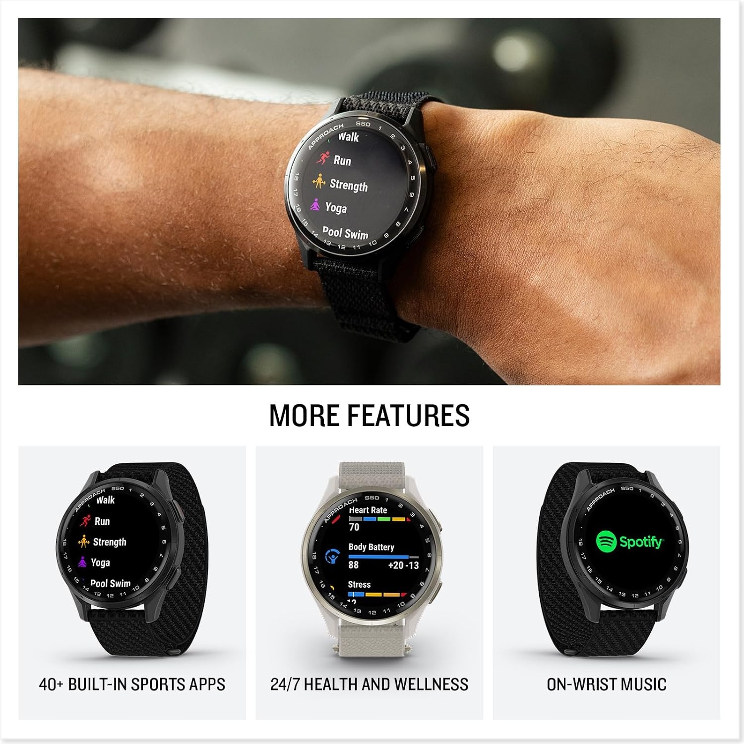 image:imageGarmin Approach S50 Advanced Golf GPS Smartwatch AMOLED Display OnCourse Features WristBased Heart Rate Cream Gold Aluminum Bezel with Ivory ComfortFit Nylon Band Ivory Comfortfit Nylon Band Wrist Heart Rate and Pulse Ox Preloaded 43 000 Plus Courses OnCourse GPS and Shot TrackingIvory