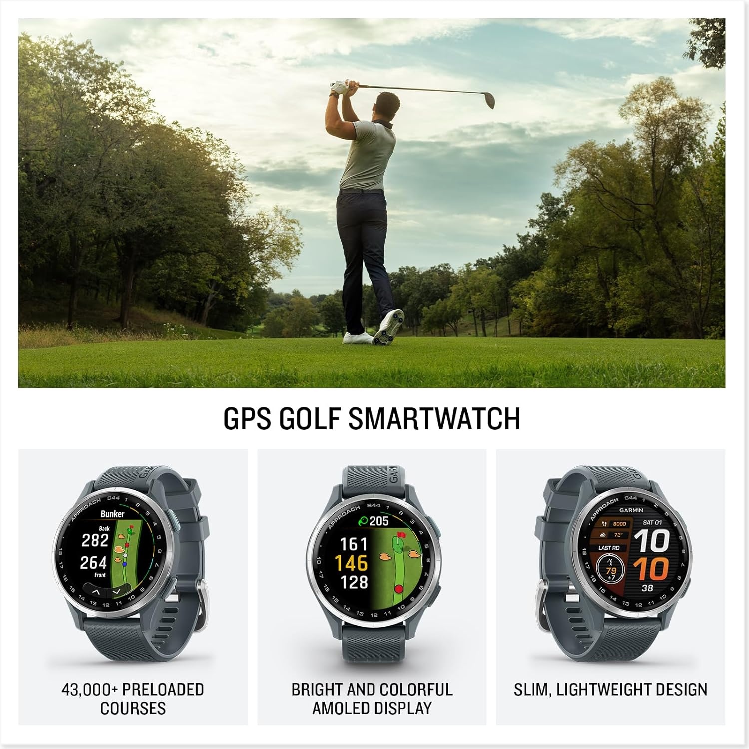 image:imageGarmin Approach S50 Advanced Golf GPS Smartwatch AMOLED Display OnCourse Features WristBased Heart Rate Cream Gold Aluminum Bezel with Ivory ComfortFit Nylon Band Ivory Comfortfit Nylon Band Wrist Heart Rate and Pulse Ox Preloaded 43 000 Plus Courses OnCourse GPS and Shot TrackingGray