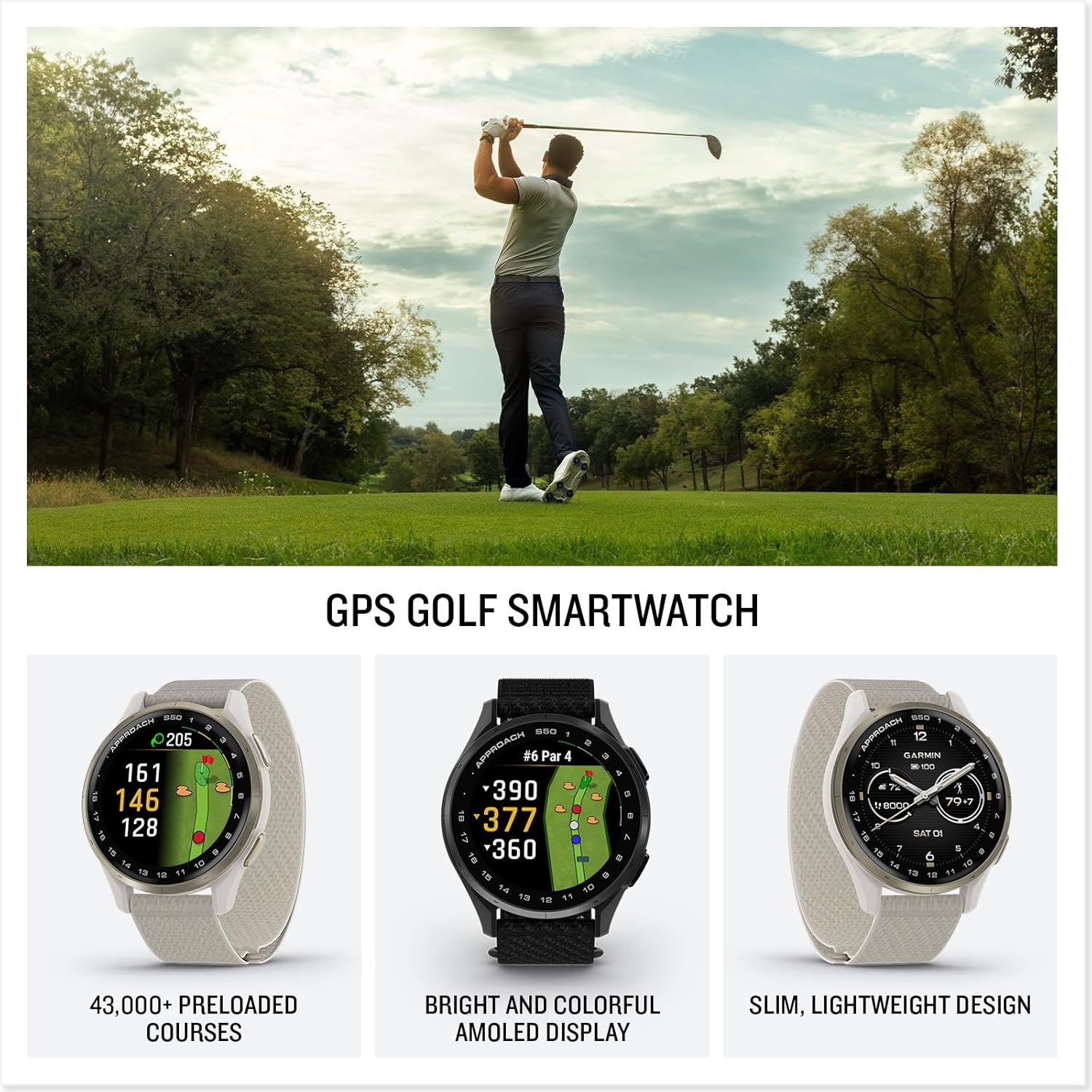 image:imageGarmin Approach S50 Advanced Golf GPS Smartwatch AMOLED Display OnCourse Features WristBased Heart Rate Cream Gold Aluminum Bezel with Ivory ComfortFit Nylon Band Ivory Comfortfit Nylon Band Wrist Heart Rate and Pulse Ox Preloaded 43 000 Plus Courses OnCourse GPS and Shot TrackingSlate with Black Band