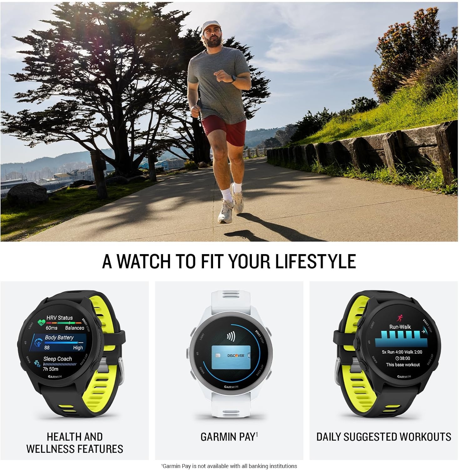 image:imageGarmin Forerunner 170 Music GPS Running Smartwatch Advanced Training Metrics and Recovery Insights Plus Music Storage Black with BlackAmp Yellow BandWhitestone with Cloud Blue