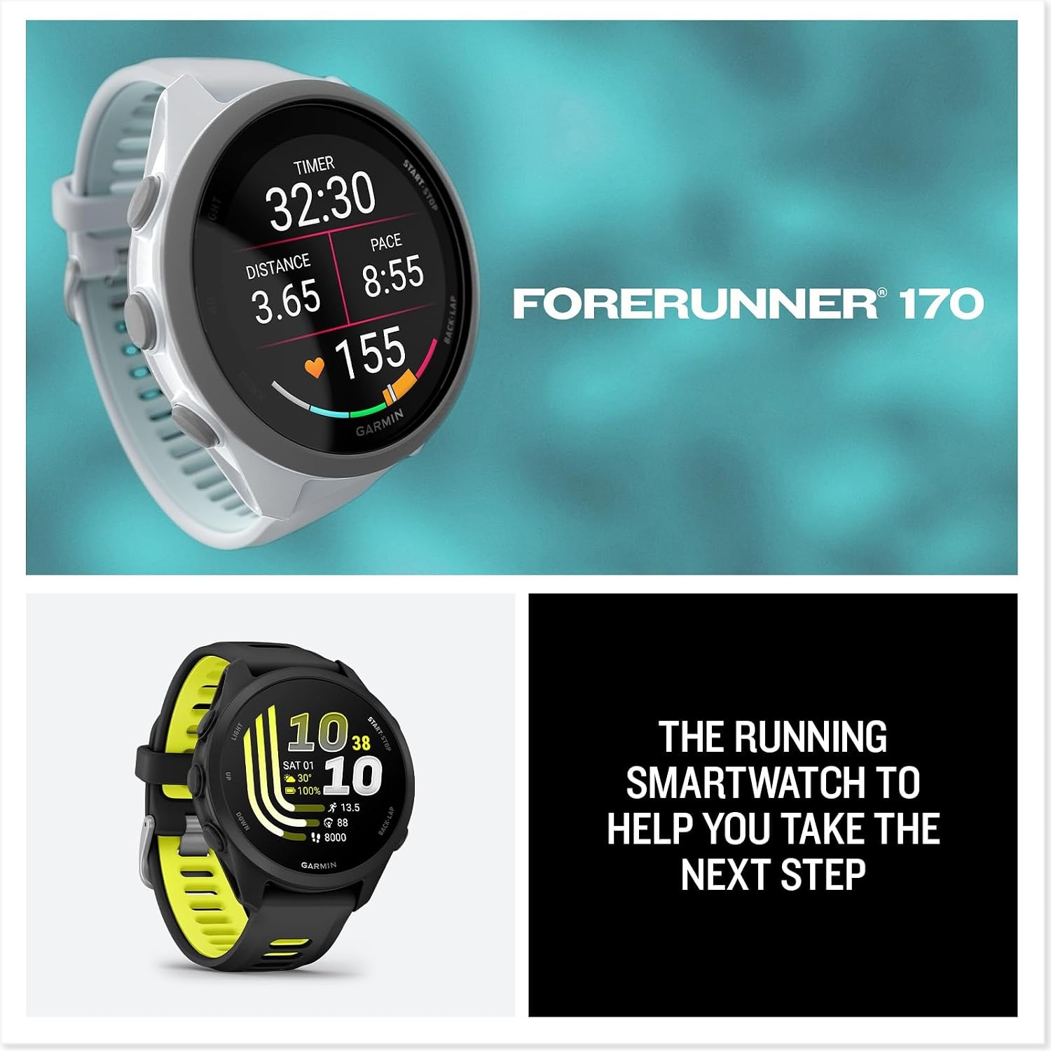 image:imageGarmin Forerunner 170 Music GPS Running Smartwatch Advanced Training Metrics and Recovery Insights Plus Music Storage Black with BlackAmp Yellow BandWhitestone with Cloud Blue