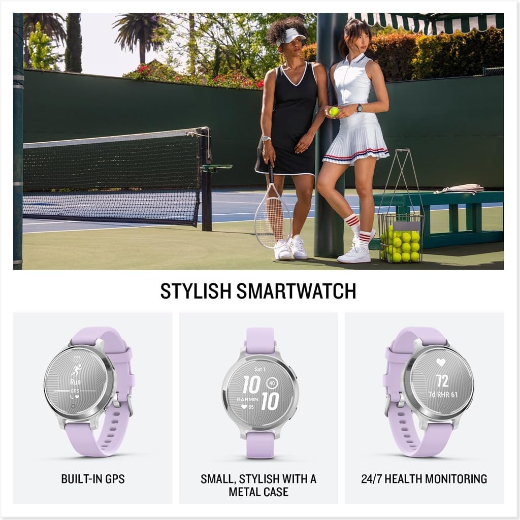 image:imageGarmin Lily 2 Active Small and Stylish Smartwatch Builtin GPS Hidden Display Patterned Lens Up to 9 Days Battery Life Silver with Purple Jasmine Silicone Band Hidden Patterned Lens Touchscreen Up to 9 Days Battery 5 Atm Garmin Pay Purple Jasmine Band