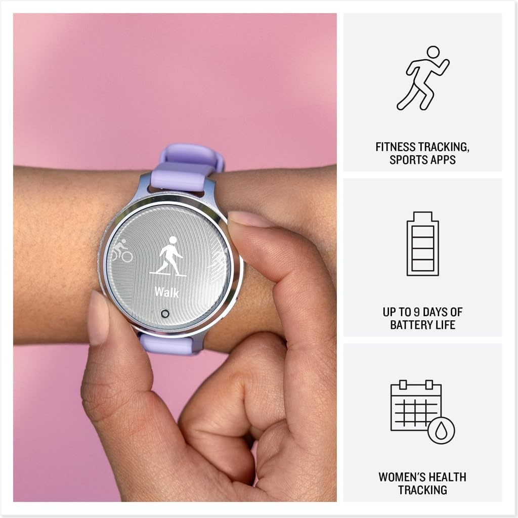 image:imageGarmin Lily 2 Active Small and Stylish Smartwatch Builtin GPS Hidden Display Patterned Lens Up to 9 Days Battery Life Silver with Purple Jasmine Silicone Band Hidden Patterned Lens Touchscreen Up to 9 Days Battery 5 Atm Garmin Pay Purple Jasmine Band