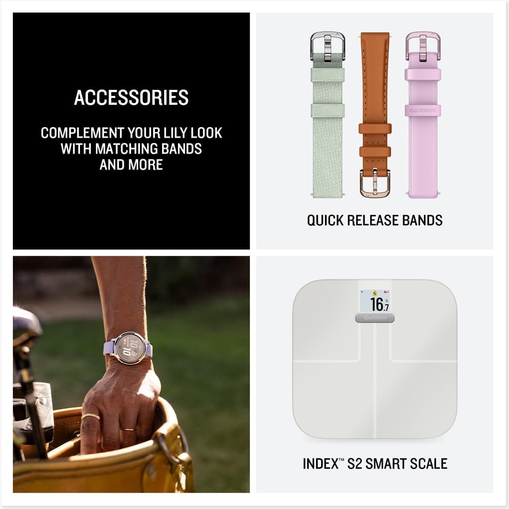 image:imageGarmin Lily 2 Active Small and Stylish Smartwatch Builtin GPS Hidden Display Patterned Lens Up to 9 Days Battery Life Silver with Purple Jasmine Silicone Band Hidden Patterned Lens Touchscreen Up to 9 Days Battery 5 Atm Garmin Pay Purple Jasmine Band