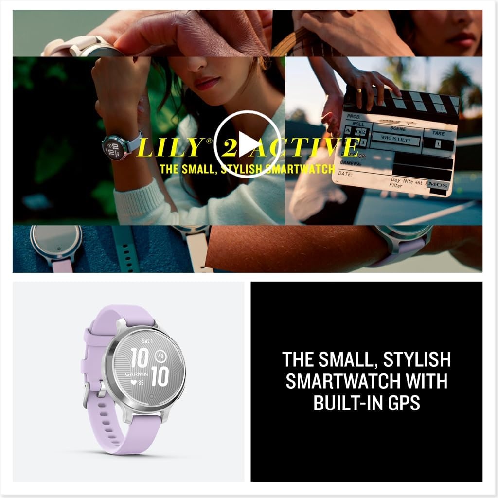 image:imageGarmin Lily 2 Active Small and Stylish Smartwatch Builtin GPS Hidden Display Patterned Lens Up to 9 Days Battery Life Silver with Purple Jasmine Silicone Band Hidden Patterned Lens Touchscreen Up to 9 Days Battery 5 Atm Garmin Pay Purple Jasmine Band