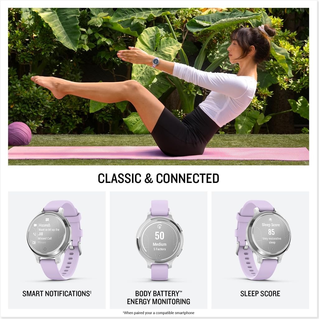 image:imageGarmin Lily 2 Active Small and Stylish Smartwatch Builtin GPS Hidden Display Patterned Lens Up to 9 Days Battery Life Silver with Purple Jasmine Silicone Band Hidden Patterned Lens Touchscreen Up to 9 Days Battery 5 Atm Garmin Pay Purple Jasmine Band