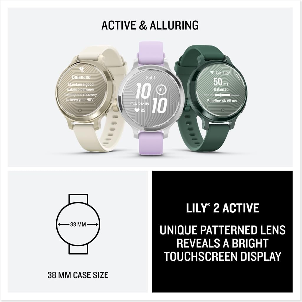 image:imageGarmin Lily 2 Active Small and Stylish Smartwatch Builtin GPS Hidden Display Patterned Lens Up to 9 Days Battery Life Silver with Purple Jasmine Silicone Band Hidden Patterned Lens Touchscreen Up to 9 Days Battery 5 Atm Garmin Pay Purple Jasmine Band