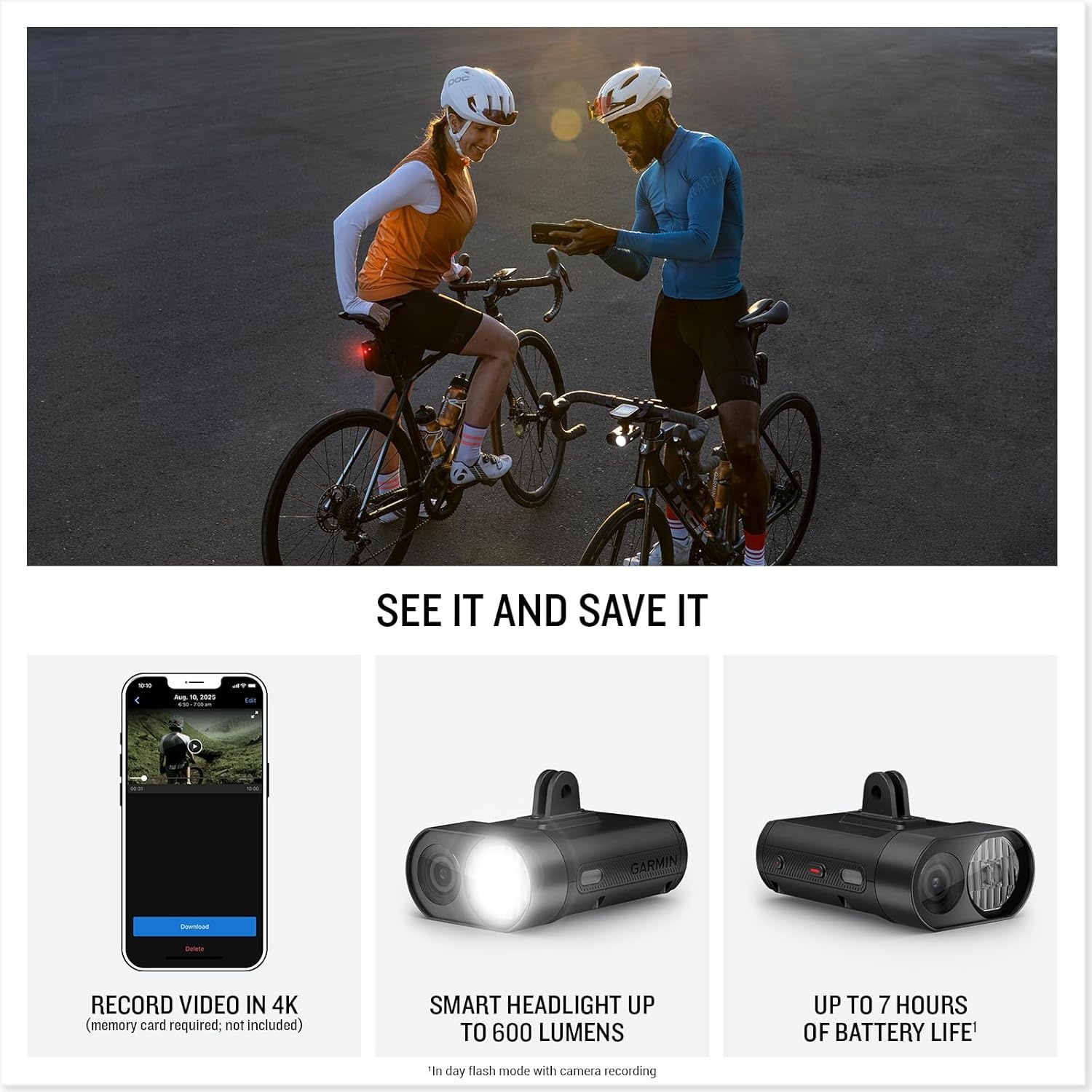 image:imageGarmin Varia Vue Cycling Headlight and 4k Camera Light Intensity up to 600 Lumens CrystalClear Video Recording Incident Detection While Cycling 4k30fps Recording Automatic Incident Detection Saves Clips Microsd Required