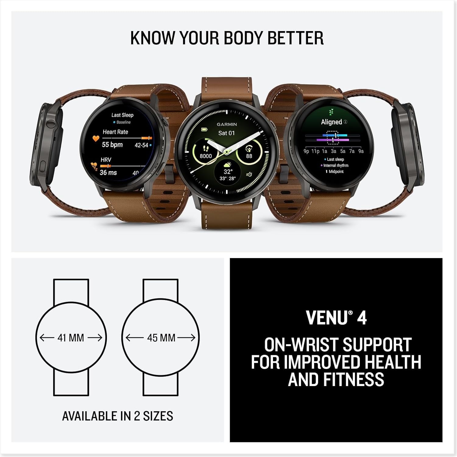 image:imageGarmin Venu 4 45mm Advanced Health and Fitness GPS Smartwatch Bright and Colorful Display Builtin Flashlight 12 Days of Battery Life Slate with Black Silicone Band 45mm Amoled GPS Smartwatch Builtin Flashlight Up to 12 Days Battery SPO2 Wrist Hr Garmin PayBlack and Brown