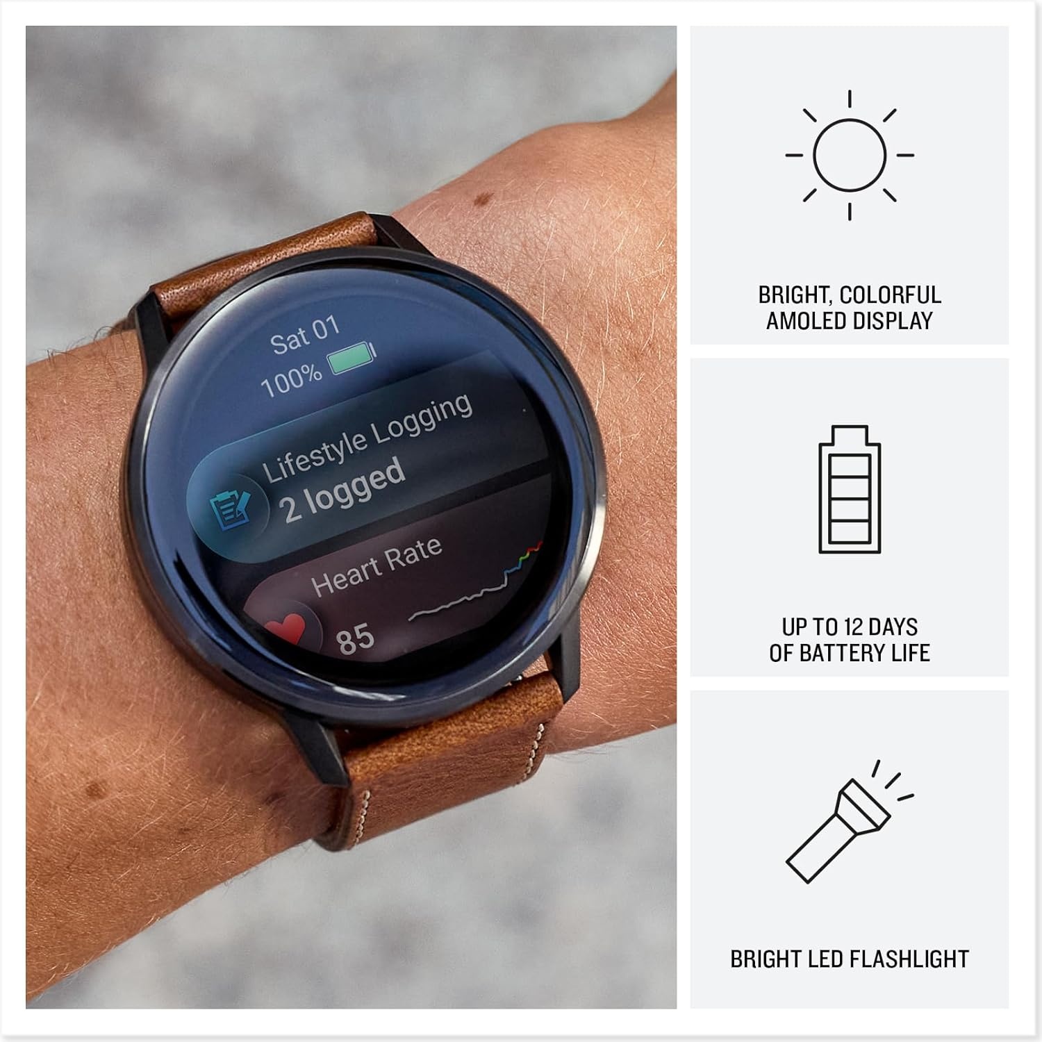 image:imageGarmin Venu 4 45mm Advanced Health and Fitness GPS Smartwatch Bright and Colorful Display Builtin Flashlight 12 Days of Battery Life Slate with Black Silicone Band 45mm Amoled GPS Smartwatch Builtin Flashlight Up to 12 Days Battery SPO2 Wrist Hr Garmin PayBlack and Brown