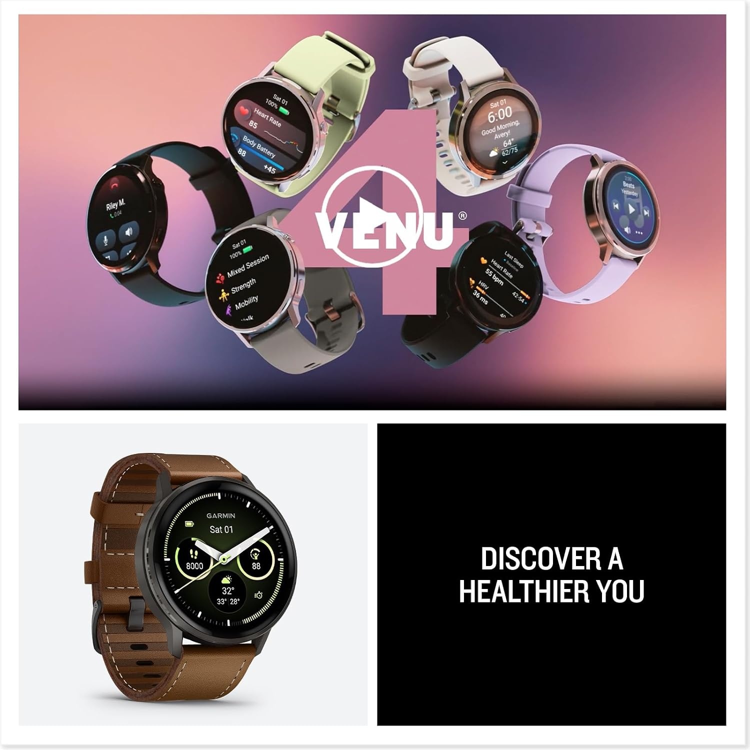 image:imageGarmin Venu 4 45mm Advanced Health and Fitness GPS Smartwatch Bright and Colorful Display Builtin Flashlight 12 Days of Battery Life Slate with Black Silicone Band 45mm Amoled GPS Smartwatch Builtin Flashlight Up to 12 Days Battery SPO2 Wrist Hr Garmin PayBlack and Brown