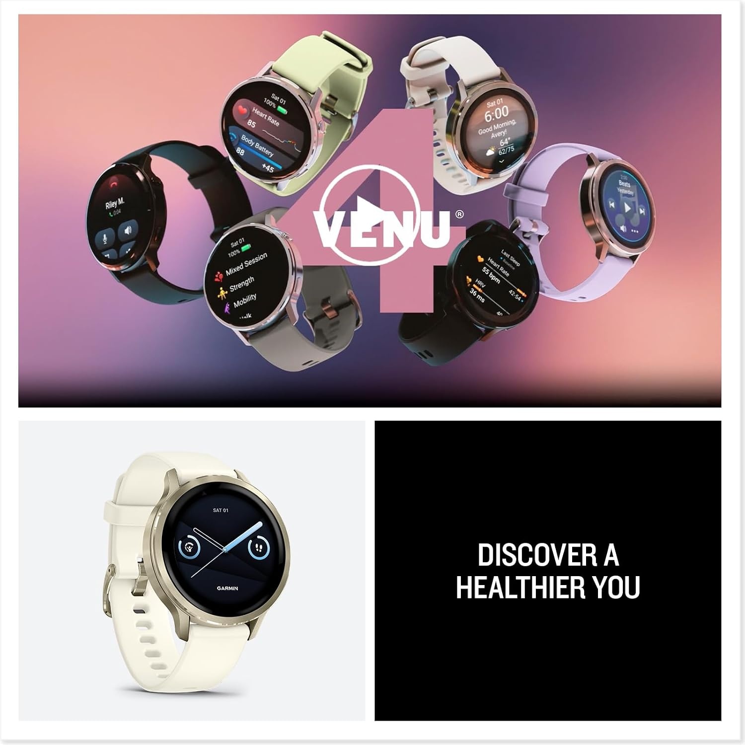 image:imageGarmin Venu 4 45mm Advanced Health and Fitness GPS Smartwatch Bright and Colorful Display Builtin Flashlight 12 Days of Battery Life Slate with Black Silicone Band 45mm Amoled GPS Smartwatch Builtin Flashlight Up to 12 Days Battery SPO2 Wrist Hr Garmin PayLunar Gold and Bone
