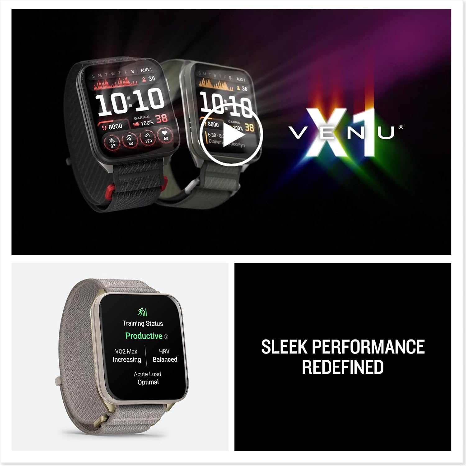 image:imageGarmin Venu X1 Thin and Lightweight GPS Smartwatch AMOLED Display Advanced Health and Fitness Features Black with Slate Titanium Caseback and ComfortFit Nylon Band 2 Amoled Display 8mm Thin Case Titanium Caseback Comfortfit Nylon Band Up to 8 Days Battery 5 AtmSoft Gold with French Gray