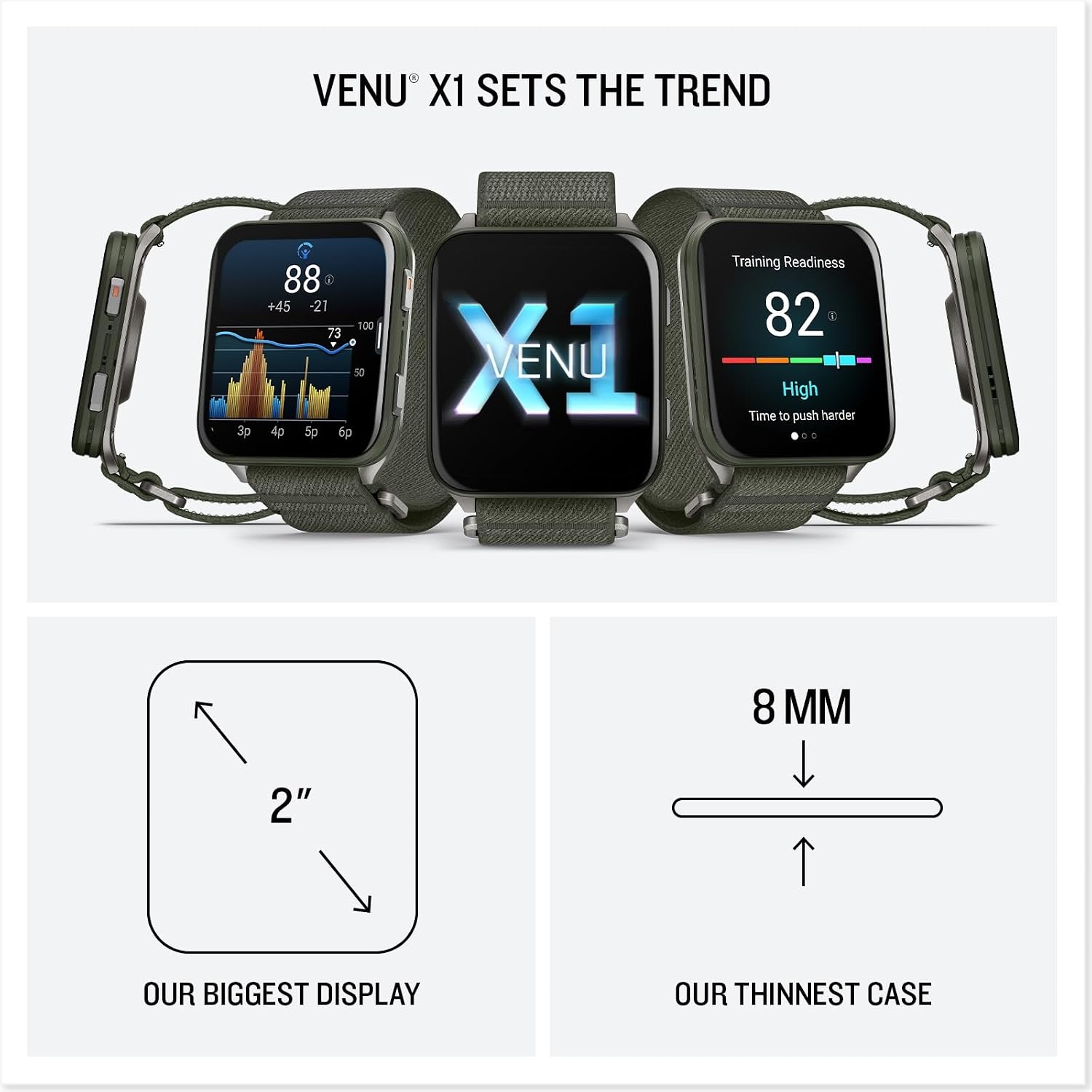image:imageGarmin Venu X1 Thin and Lightweight GPS Smartwatch AMOLED Display Advanced Health and Fitness Features Black with Slate Titanium Caseback and ComfortFit Nylon Band 2 Amoled Display 8mm Thin Case Titanium Caseback Comfortfit Nylon Band Up to 8 Days Battery 5 AtmMoss