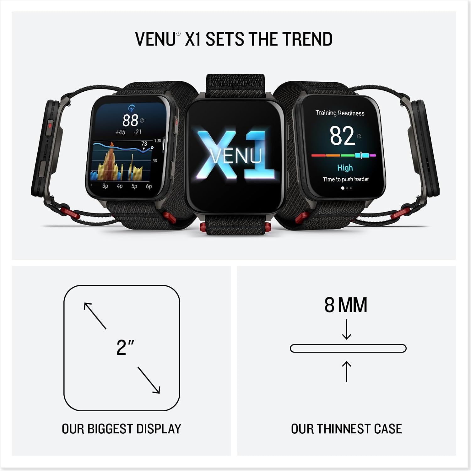 image:imageGarmin Venu X1 Thin and Lightweight GPS Smartwatch AMOLED Display Advanced Health and Fitness Features Black with Slate Titanium Caseback and ComfortFit Nylon Band 2 Amoled Display 8mm Thin Case Titanium Caseback Comfortfit Nylon Band Up to 8 Days Battery 5 AtmBlack