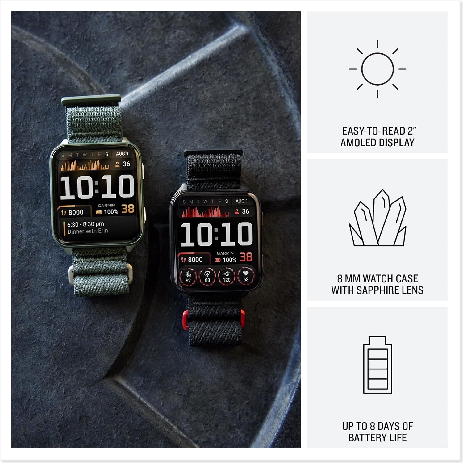 image:imageGarmin Venu X1 Thin and Lightweight GPS Smartwatch AMOLED Display Advanced Health and Fitness Features Black with Slate Titanium Caseback and ComfortFit Nylon Band 2 Amoled Display 8mm Thin Case Titanium Caseback Comfortfit Nylon Band Up to 8 Days Battery 5 AtmMoss