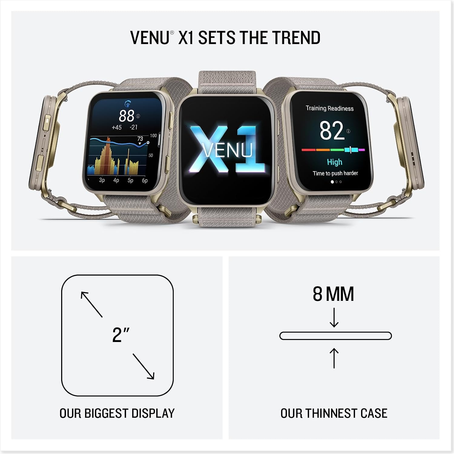 image:imageGarmin Venu X1 Thin and Lightweight GPS Smartwatch AMOLED Display Advanced Health and Fitness Features Black with Slate Titanium Caseback and ComfortFit Nylon Band 2 Amoled Display 8mm Thin Case Titanium Caseback Comfortfit Nylon Band Up to 8 Days Battery 5 AtmSoft Gold with French Gray