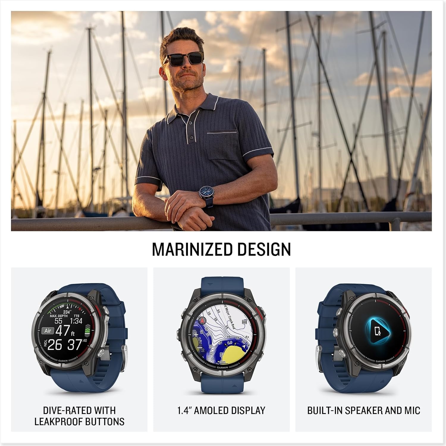 image:imageGarmin quatix 8 51 mm Marine GPS Smartwatch Bright AMOLED Display Chartplotter Controls Builtin Flashlight 247 Health amp Wellness Features Chartplotter and Autopilot Controls LED Flashlight MultiGnss Wrist Hr and Pulse Ox51mm