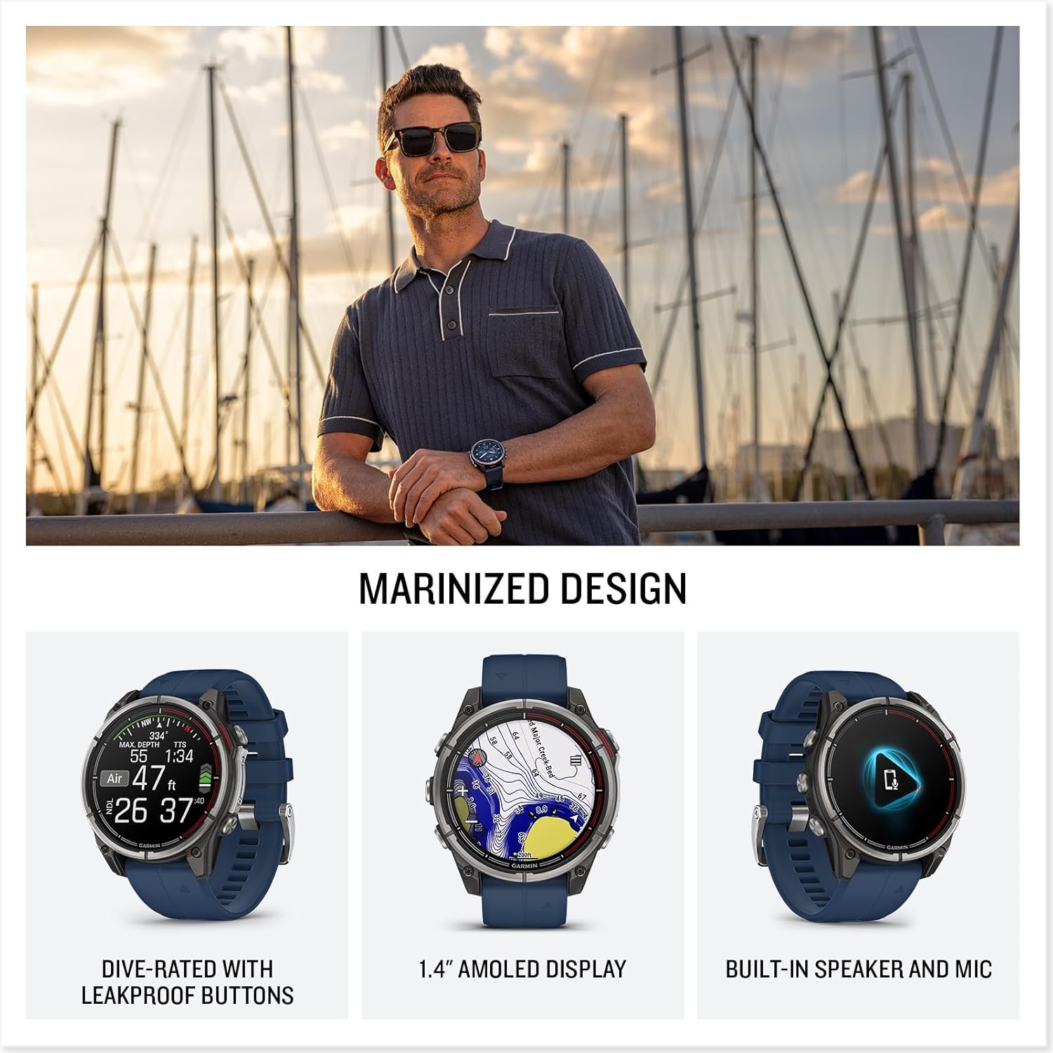 image:imageGarmin quatix 8 51 mm Marine GPS Smartwatch Bright AMOLED Display Chartplotter Controls Builtin Flashlight 247 Health amp Wellness Features Chartplotter and Autopilot Controls LED Flashlight MultiGnss Wrist Hr and Pulse Ox47mm
