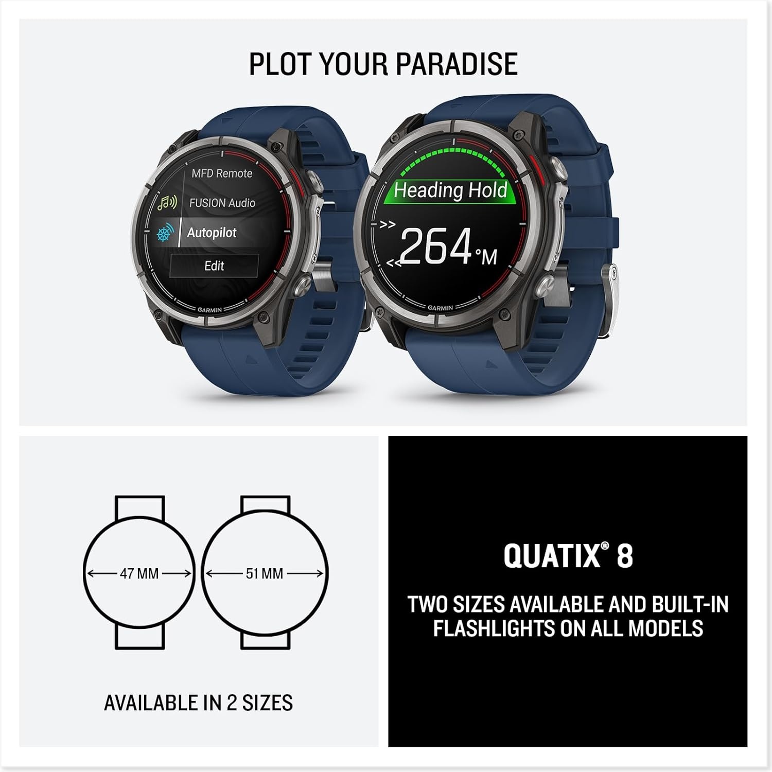 image:imageGarmin quatix 8 51 mm Marine GPS Smartwatch Bright AMOLED Display Chartplotter Controls Builtin Flashlight 247 Health amp Wellness Features Chartplotter and Autopilot Controls LED Flashlight MultiGnss Wrist Hr and Pulse Ox51mm