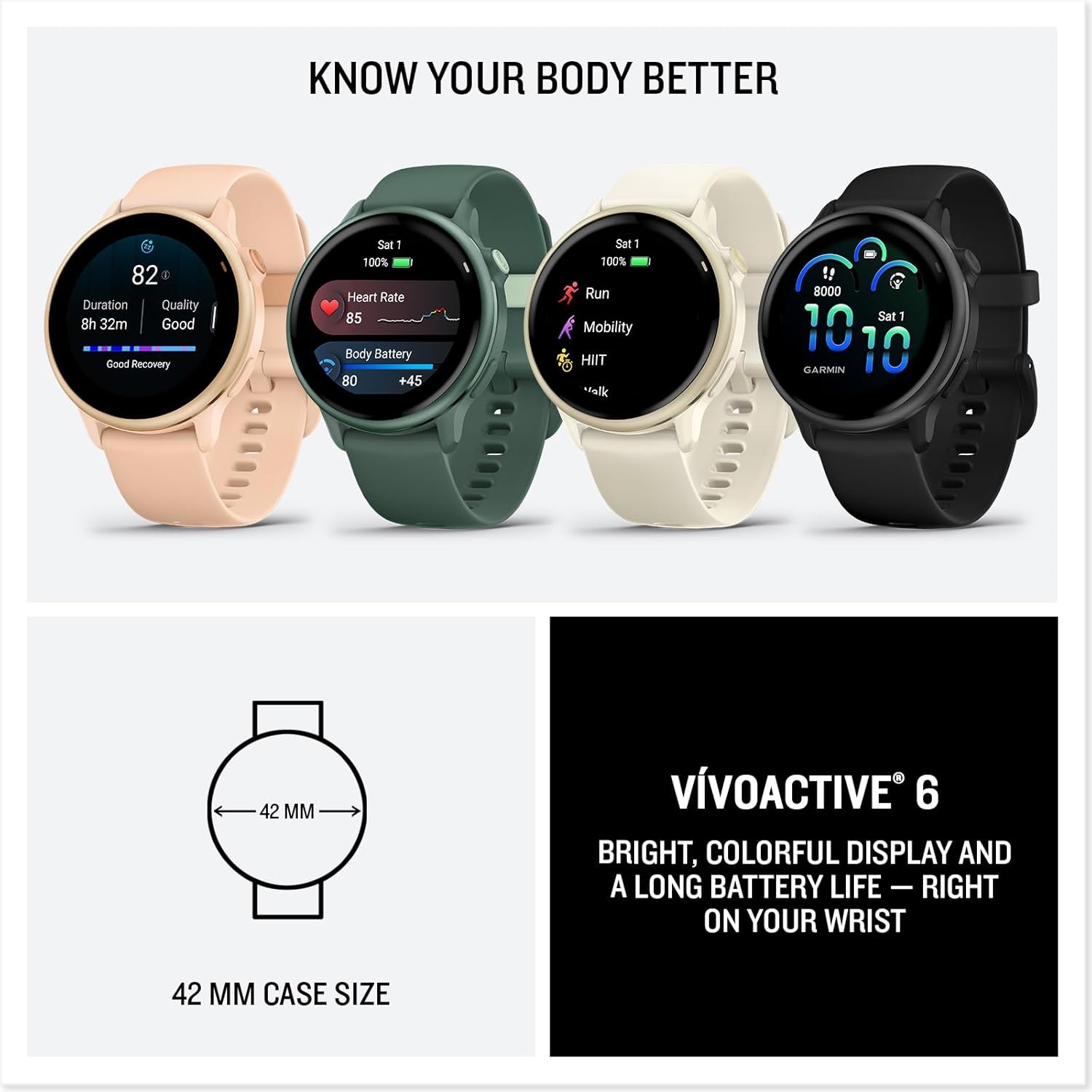 image:imageGarmin vvoactive 6 Health and Fitness GPS Smartwatch AMOLED Display Up to 11 Days Battery Metallic Jasper Green with Matching Band 42mm GPS Smartwatch 12 Amoled Up to 11 Days Battery Metallic Jasper Green with Matching BandSlate with Black