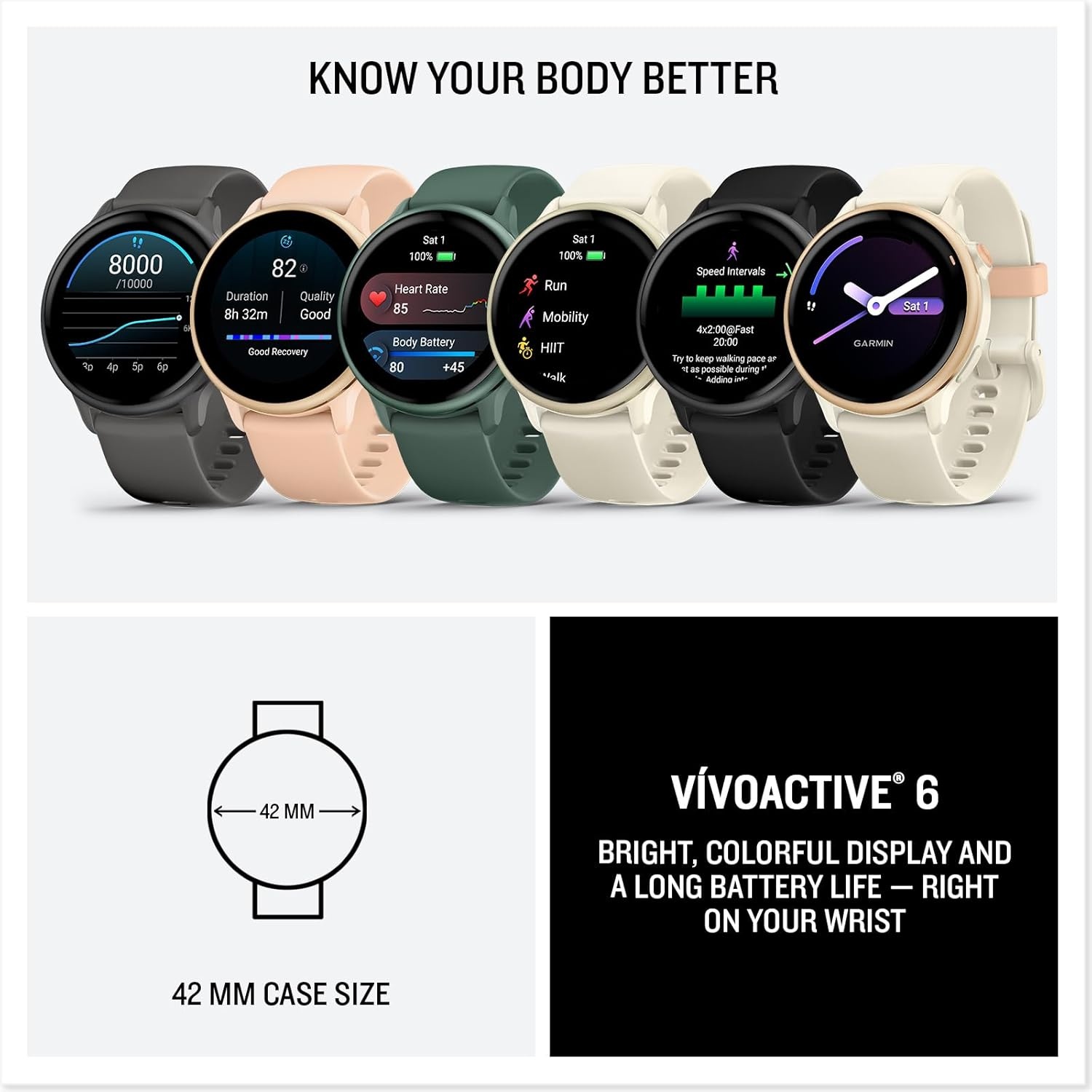 image:imageGarmin vvoactive 6 Health and Fitness GPS Smartwatch AMOLED Display Up to 11 Days Battery Metallic Jasper Green with Matching Band 42mm GPS Smartwatch 12 Amoled Up to 11 Days Battery Metallic Jasper Green with Matching BandPink Dawn with Bone