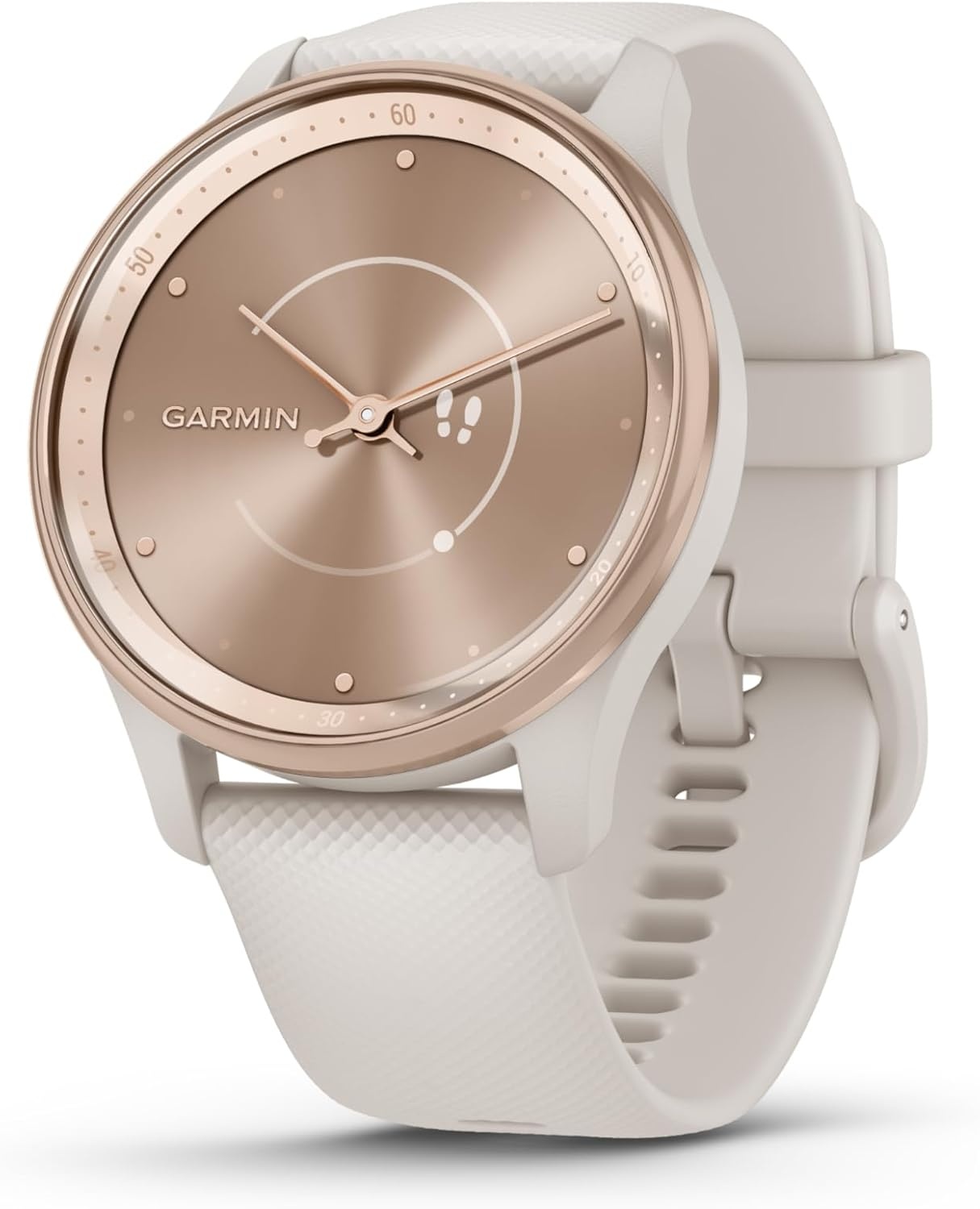 image:imageGarmin vvomove Trend Stylish Hybrid Smartwatch LongLasting Battery Life Dynamic Watch Hands and Touchscreen Display Peach Gold Stainless Steel Bezel with Ivory Case and Silicone BandIvory