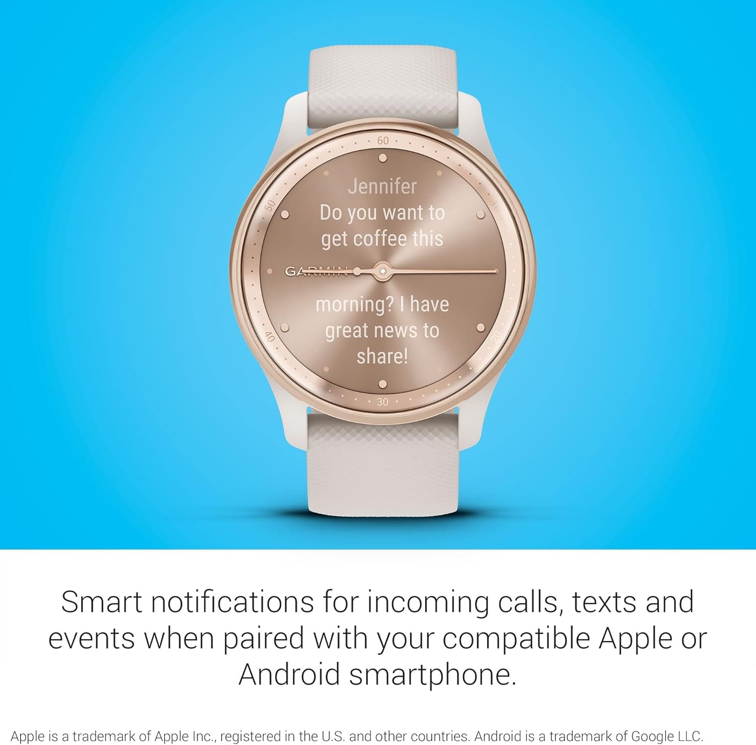 image:imageGarmin vvomove Trend Stylish Hybrid Smartwatch LongLasting Battery Life Dynamic Watch Hands and Touchscreen Display Peach Gold Stainless Steel Bezel with Ivory Case and Silicone BandIvory