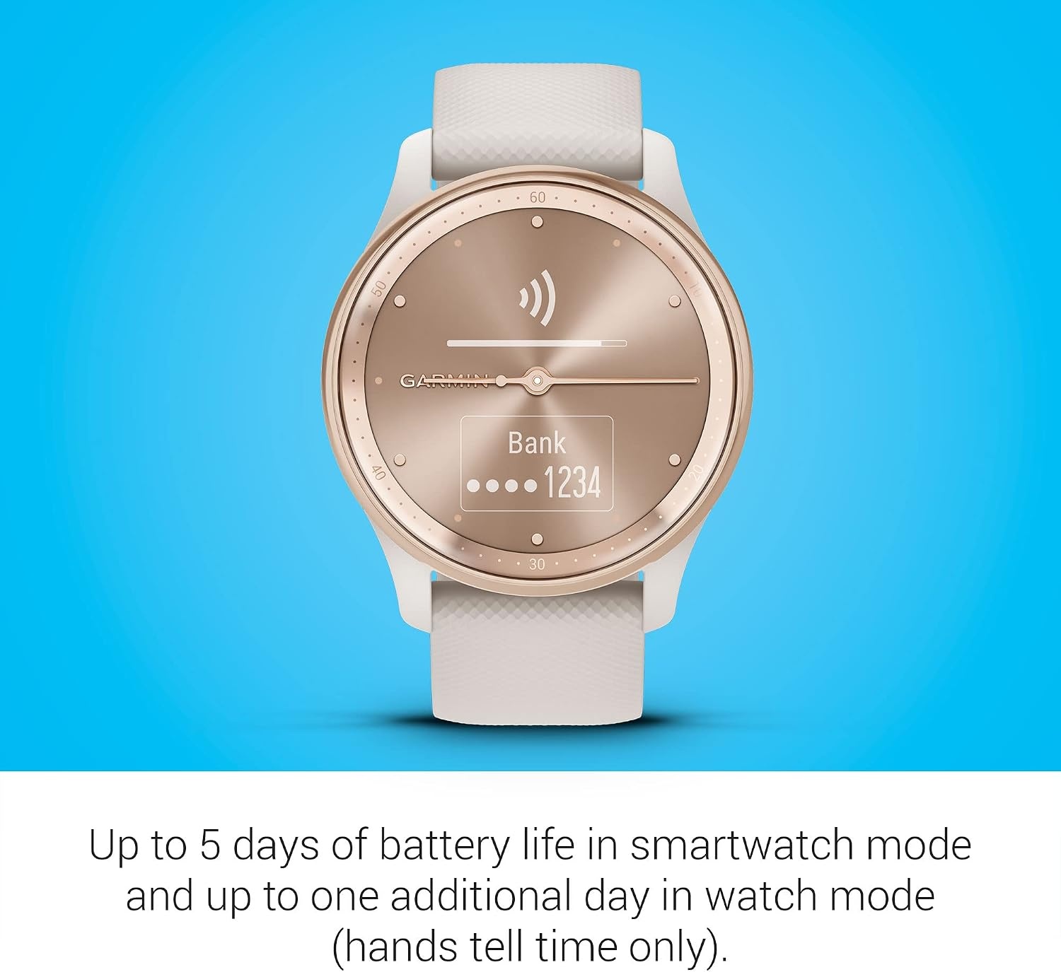 image:imageGarmin vvomove Trend Stylish Hybrid Smartwatch LongLasting Battery Life Dynamic Watch Hands and Touchscreen Display Peach Gold Stainless Steel Bezel with Ivory Case and Silicone BandIvory