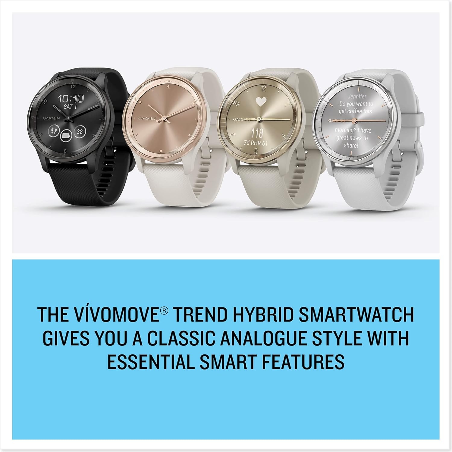 image:imageGarmin vvomove Trend Stylish Hybrid Smartwatch LongLasting Battery Life Dynamic Watch Hands and Touchscreen Display Peach Gold Stainless Steel Bezel with Ivory Case and Silicone BandBlack