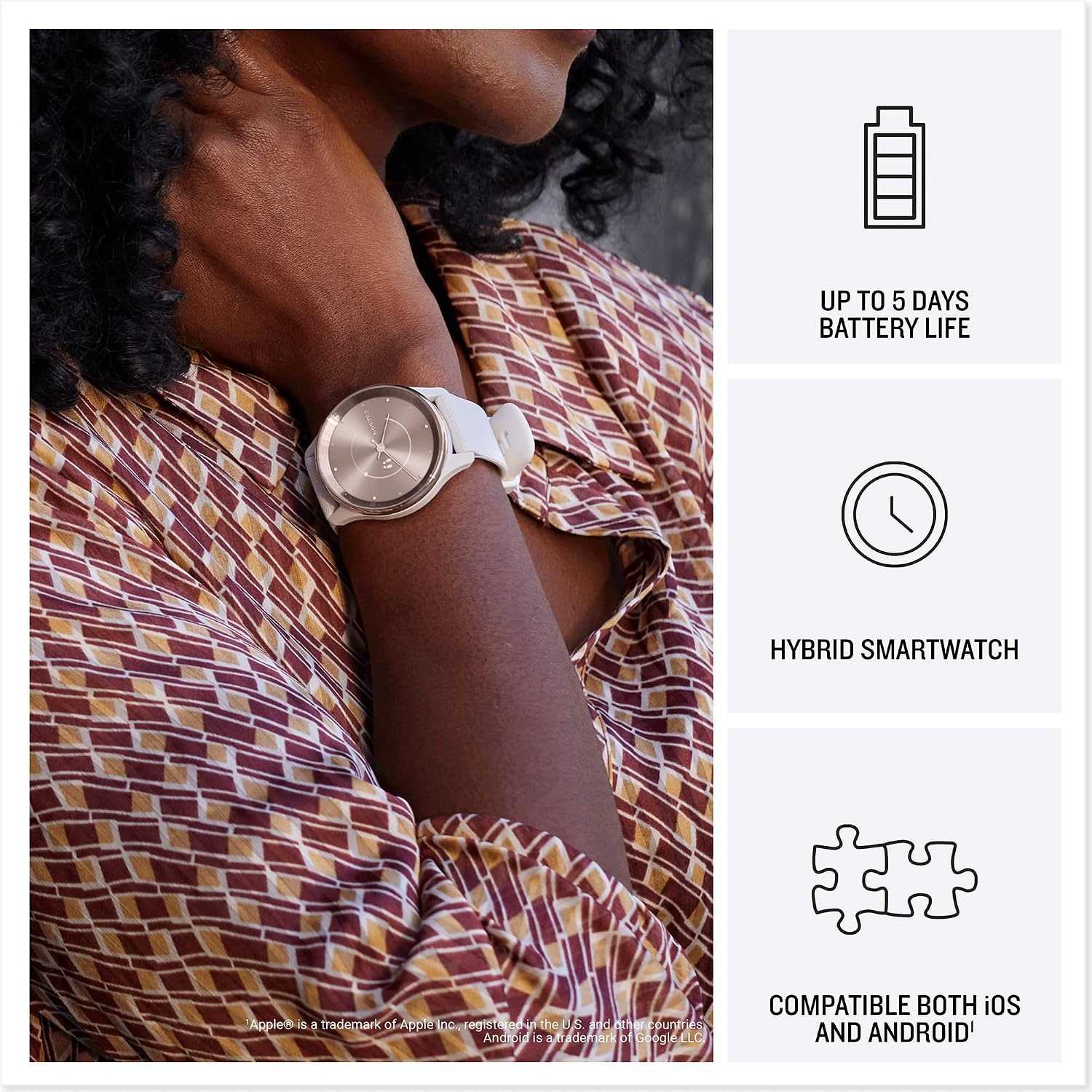 image:imageGarmin vvomove Trend Stylish Hybrid Smartwatch LongLasting Battery Life Dynamic Watch Hands and Touchscreen Display Peach Gold Stainless Steel Bezel with Ivory Case and Silicone BandBlack