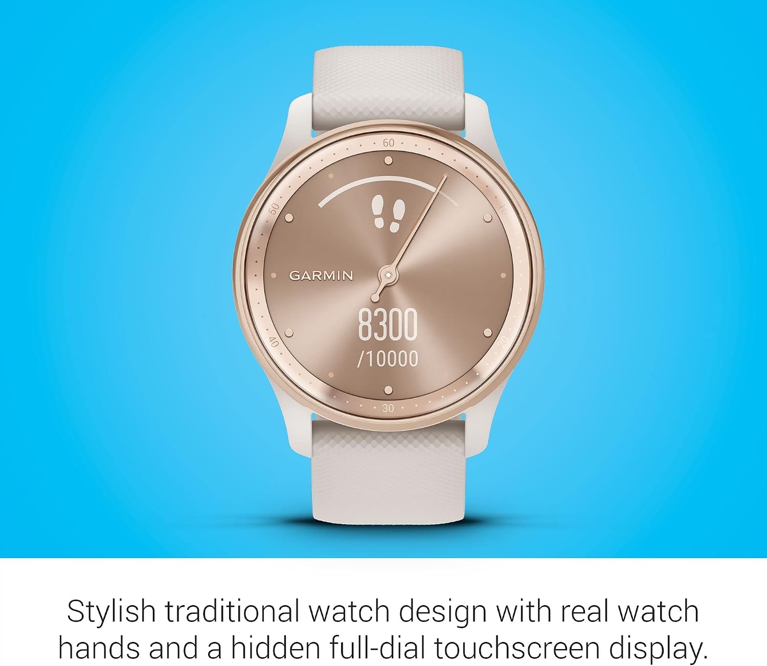 image:imageGarmin vvomove Trend Stylish Hybrid Smartwatch LongLasting Battery Life Dynamic Watch Hands and Touchscreen Display Peach Gold Stainless Steel Bezel with Ivory Case and Silicone BandIvory