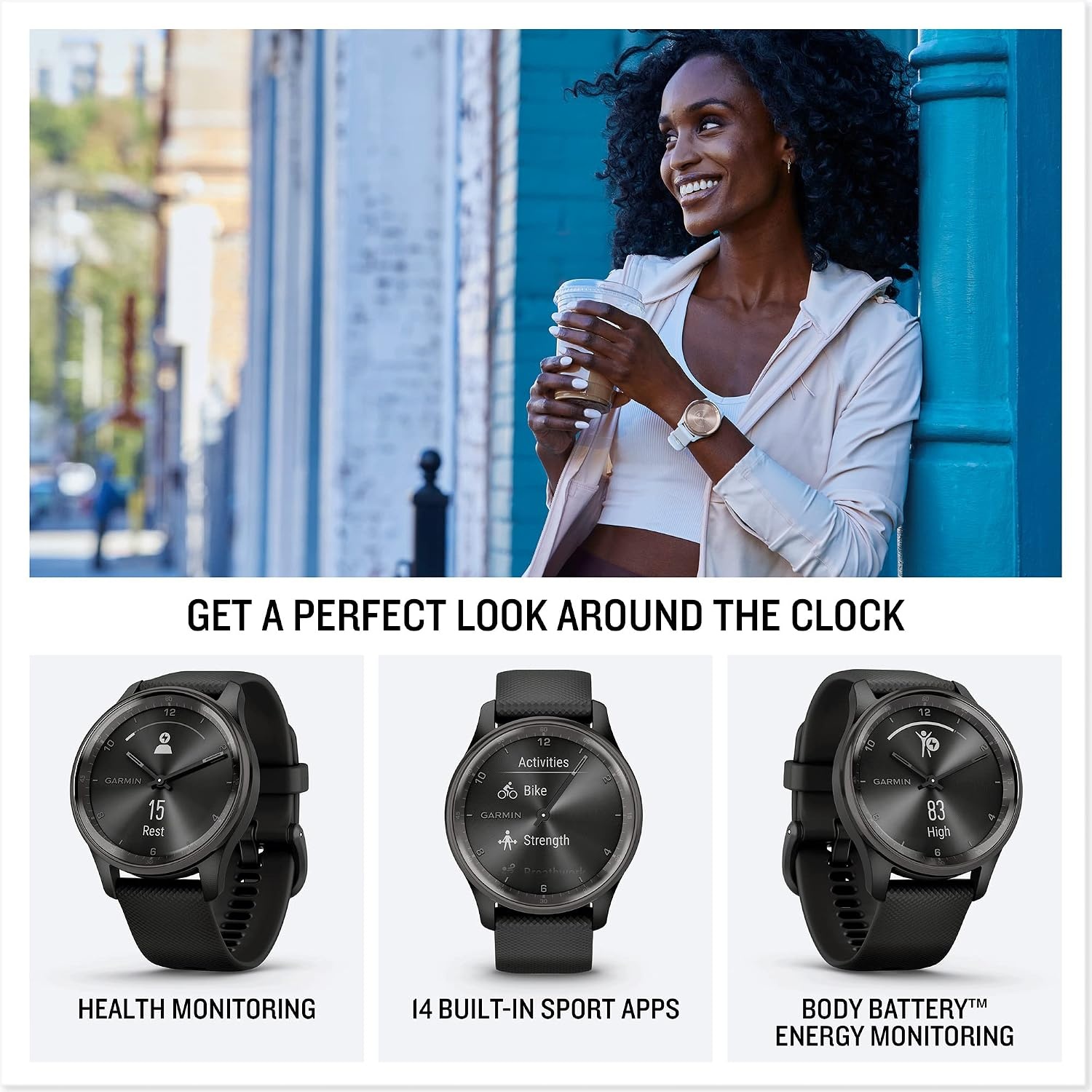 image:imageGarmin vvomove Trend Stylish Hybrid Smartwatch LongLasting Battery Life Dynamic Watch Hands and Touchscreen Display Peach Gold Stainless Steel Bezel with Ivory Case and Silicone BandBlack