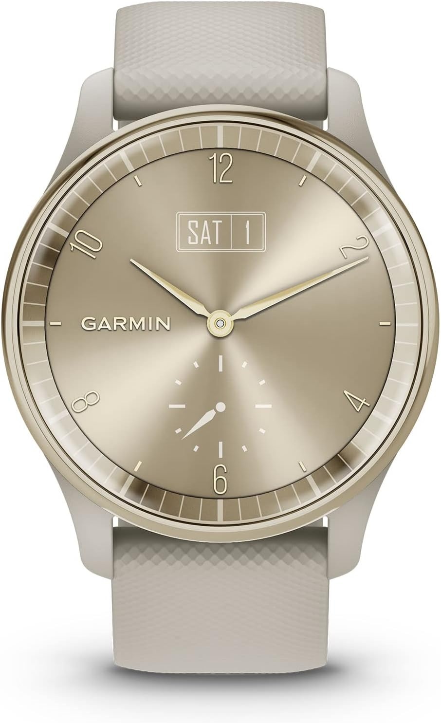 image:imageGarmin vvomove Trend Stylish Hybrid Smartwatch LongLasting Battery Life Dynamic Watch Hands and Touchscreen Display Peach Gold Stainless Steel Bezel with Ivory Case and Silicone BandFrench Gray