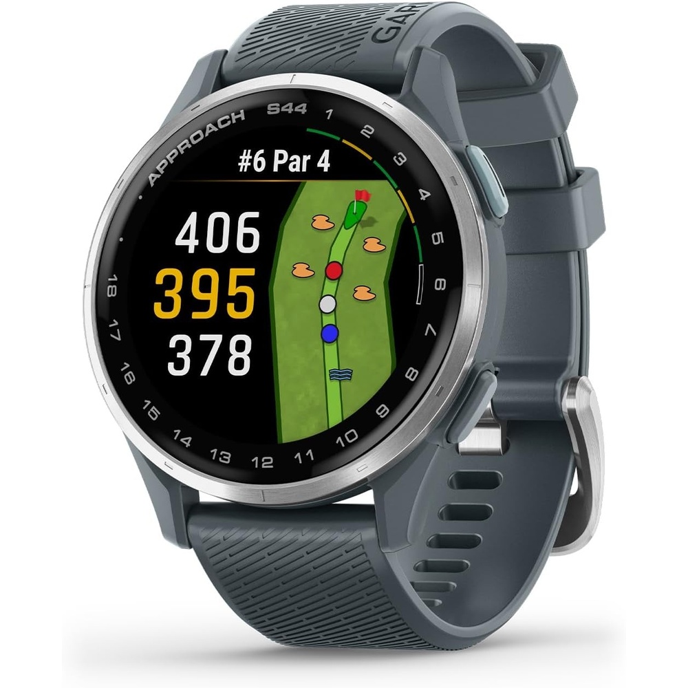 image:imageGarmin Approach S50 Advanced Golf GPS Smartwatch AMOLED Display OnCourse Features WristBased Heart Rate Cream Gold Aluminum Bezel with Ivory ComfortFit Nylon Band Ivory Comfortfit Nylon Band Wrist Heart Rate and Pulse Ox Preloaded 43 000 Plus Courses OnCourse GPS and Shot TrackingGray