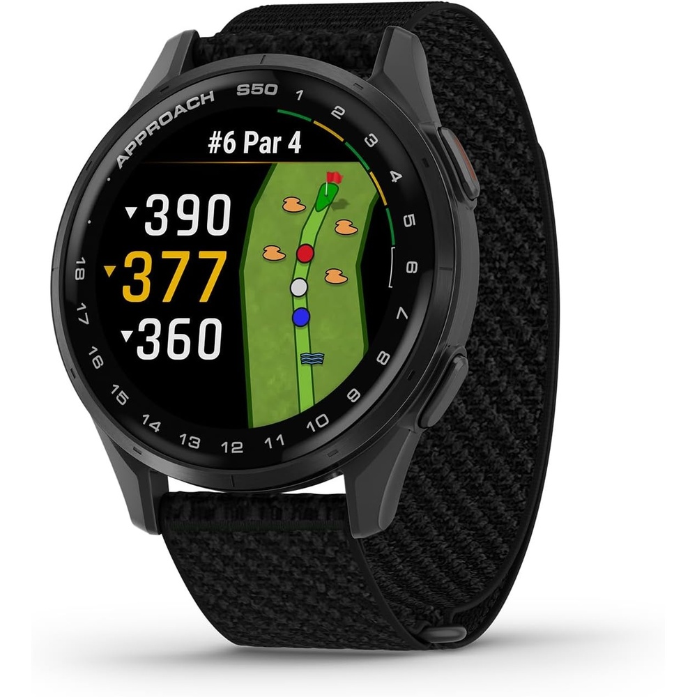 image:imageGarmin Approach S50 Advanced Golf GPS Smartwatch AMOLED Display OnCourse Features WristBased Heart Rate Cream Gold Aluminum Bezel with Ivory ComfortFit Nylon Band Ivory Comfortfit Nylon Band Wrist Heart Rate and Pulse Ox Preloaded 43 000 Plus Courses OnCourse GPS and Shot TrackingSlate with Black Band