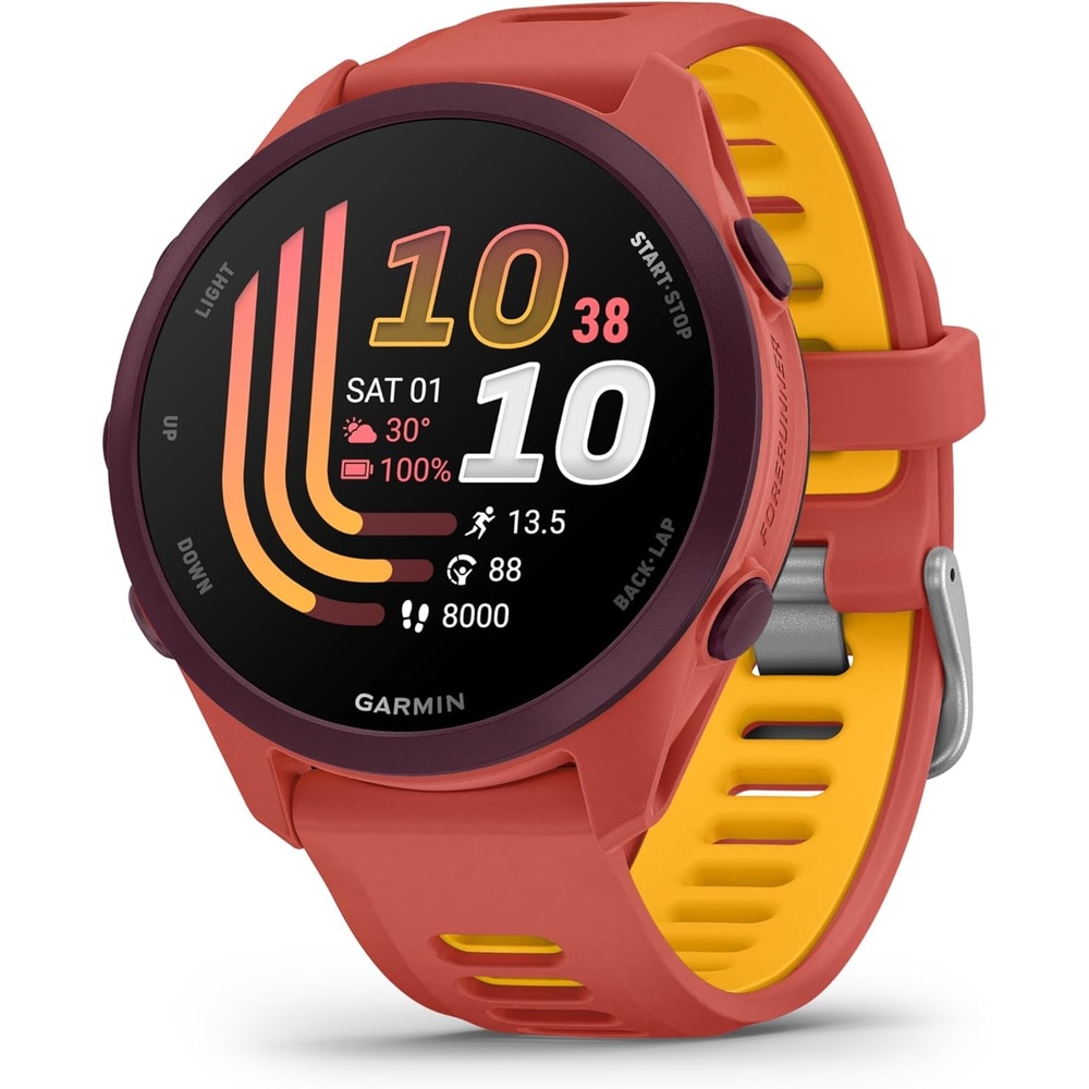 image:imageGarmin Forerunner 170 Music GPS Running Smartwatch Advanced Training Metrics and Recovery Insights Plus Music Storage Black with BlackAmp Yellow BandRed Pink with Mango