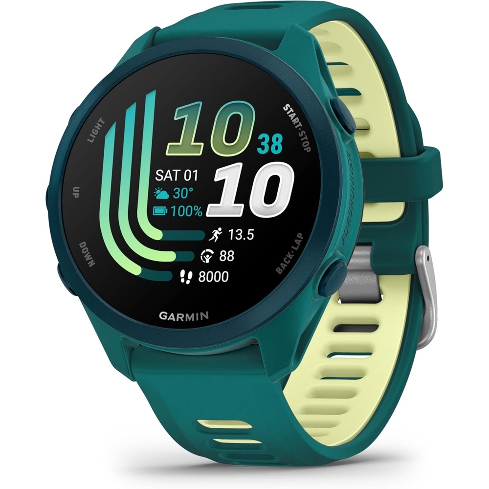 image:imageGarmin Forerunner 170 Music GPS Running Smartwatch Advanced Training Metrics and Recovery Insights Plus Music Storage Black with BlackAmp Yellow BandTeal Green with Citron