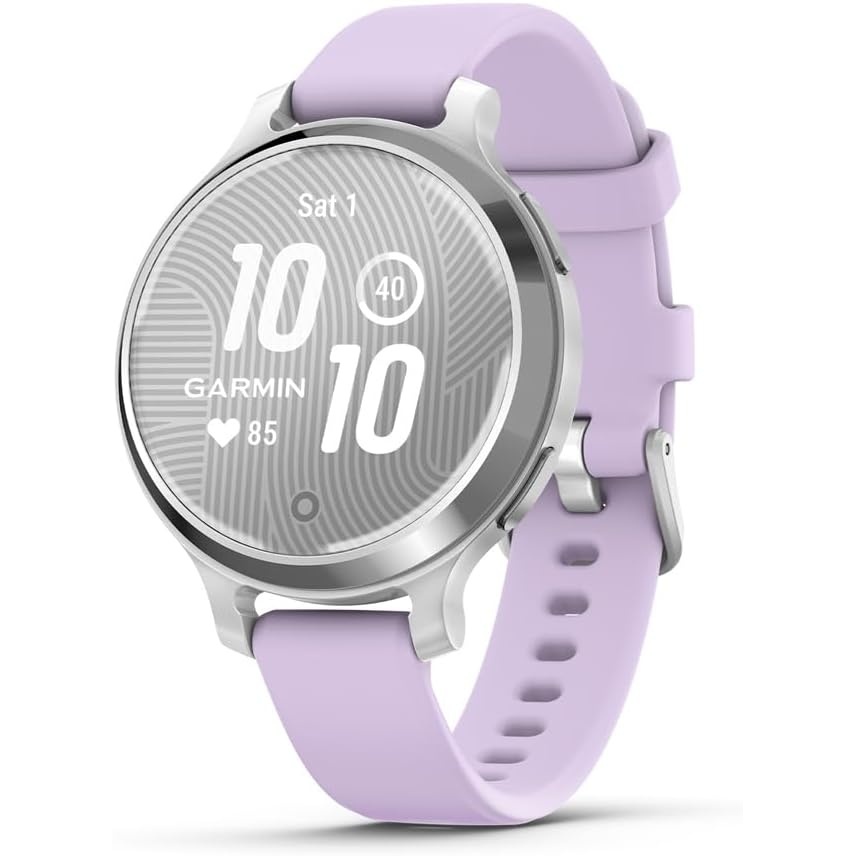 image:imageGarmin Lily 2 Active Small and Stylish Smartwatch Builtin GPS Hidden Display Patterned Lens Up to 9 Days Battery Life Silver with Purple Jasmine Silicone Band Hidden Patterned Lens Touchscreen Up to 9 Days Battery 5 Atm Garmin Pay Purple Jasmine Band