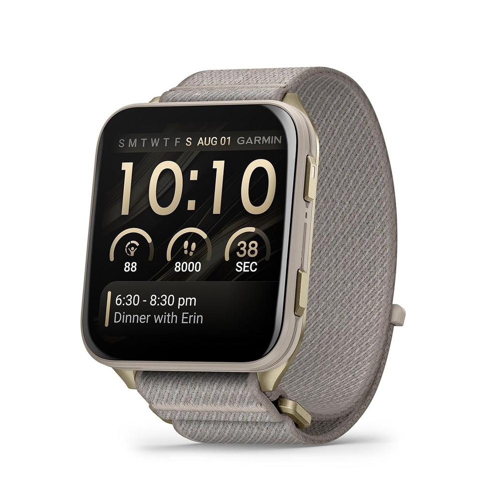image:imageGarmin Venu X1 Thin and Lightweight GPS Smartwatch AMOLED Display Advanced Health and Fitness Features Black with Slate Titanium Caseback and ComfortFit Nylon Band 2 Amoled Display 8mm Thin Case Titanium Caseback Comfortfit Nylon Band Up to 8 Days Battery 5 AtmSoft Gold with French Gray