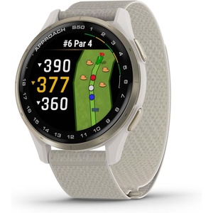 Garmin Approach® S50, Advanced Golf GPS Smartwatch, AMOLED Display, On-Course Features, Wrist-Based Heart Rate, Cream Gold Aluminum Bezel with Ivory ComfortFit Nylon Band | Ivory Comfortfit Nylon Band, Wrist Heart Rate and Pulse Ox, Preloaded 43, 000 Plus Courses, On-Course GPS and Shot Tracking(Ivory)